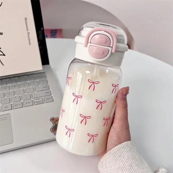Cute Water Bottle with Straw Portable Plastic Pop-Up Cover Water Cup Kawaii Bottle Water Leak-Proof Drinking Bottle BPA Free