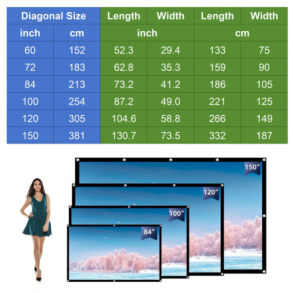 60-150 Inch Portable & Foldable Home Theater Projector Screen - Soft, Washable & Ironable White, 16:9 Aspect Ratio