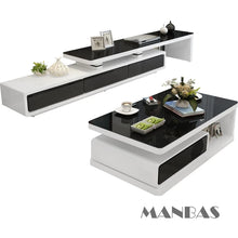MANBAS Modern  Shiny White / Black TV Stand & Smart Coffee Table, TV Cabinet & Center Table for Living Room Home Furniture