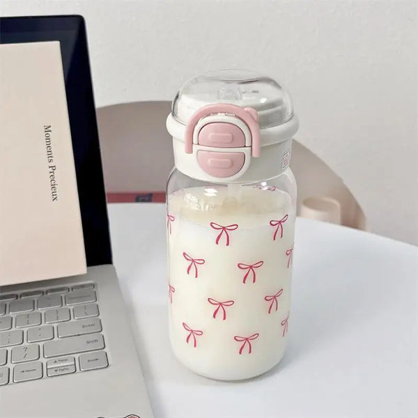 Cute Water Bottle with Straw Portable Plastic Pop-Up Cover Water Cup Kawaii Bottle Water Leak-Proof Drinking Bottle BPA Free