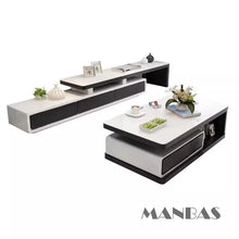 MANBAS Modern  Shiny White / Black TV Stand & Smart Coffee Table, TV Cabinet & Center Table for Living Room Home Furniture