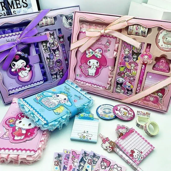 Sanrios Hello Kittys Stationery Set My Melody Kuromi Notebook Stickers Gel Pens Office School Supplier Student Handbook Set Gift