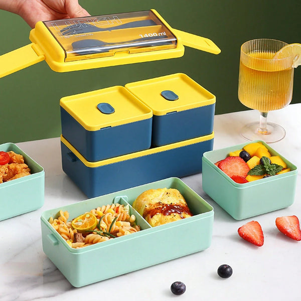 1pc Bento Boxes Portable Double-layer Lunch Box With Cutlery And Lid Reusable Food Storage Container For Students Travelers Offi