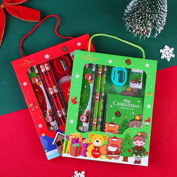 1/4 set Christmas series stationery set,including pencils, erasers, pencil sharpeners, sticky notes, rulers, school supplies