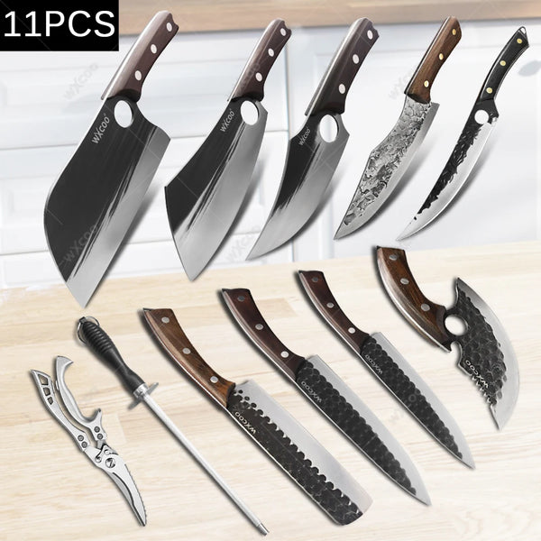 Kitchen Chef Meat Cleaver 11PCS Kitchen Knife Set Forged Steel High Hardness Chopping Knife Kitchen Scissors Cooking Tools