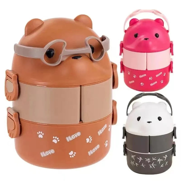 Lunch Box Portable Insulated Lunch Container Set Stackable Bento Cartoon Eyeglass Bear Shape Food Storage Container For Kids