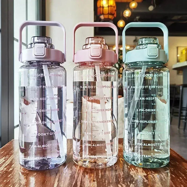 2L Straw Water Bottle Large Capacity Plastic Water Cup Portable Drink Bottle With Time Marker For Outdoor Sports Fitness